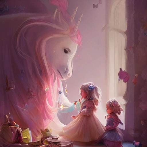 two little princesses girl, d&d magic fantasy, playing in their room, unicorn themed room, overflowing energy, highly detailed, digital painting, trending on artstation, pixiv, concept art, sharp focus, illustration, art by Ross Tran and Greg Rutkowski and Walt Disney animation