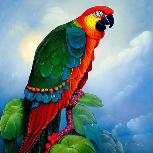 Fantasy harlequin parrot, by Louis Wain, by Catherine Abel, by Gediminas Pranckevicius, fantasy, oil on canvas, beautiful, high details, ultra detailed, crisp quality, colourful, high definition 