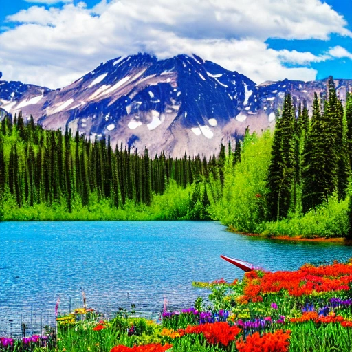 Wild nature in Alaska A lake with a boat, trees, colorful flowers, snowy mountain peaks in the background Spring atmosphere