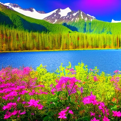 Wild nature in Alaska A lake with a boat, trees, colorful flowers, snowy mountain peaks in the background Spring atmosphere, Trippy