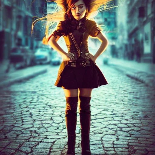 detailed, full body portrait of girl standing in a steampunk city with the wind blowing in her hair, cinematic warm color palette, spotlight