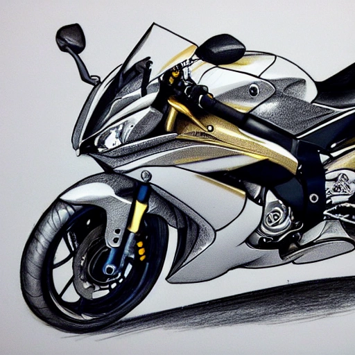 ,Yamaha r6 grey, gold wheels, white cat on top, Pencil Sketch