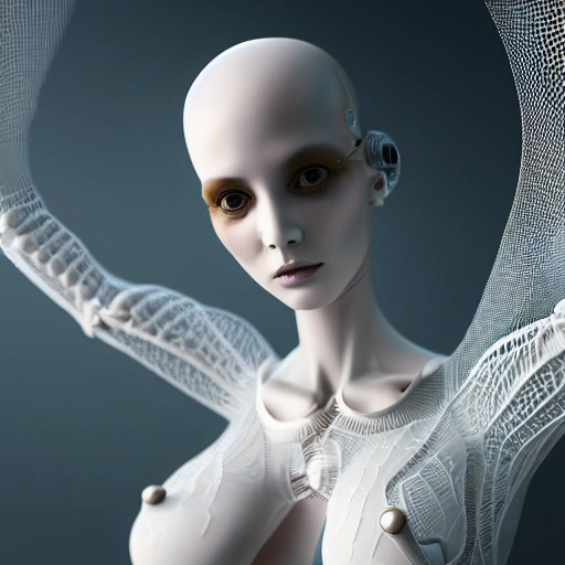 complex 3d render ultra detailed of a beautiful porcelain human woman, hole body, cyborg, robotic parts, 150 mm, beautiful studio soft light, rim light, vibrant details, luxurious cyberpunk, lace, hyperrealistic, cable electric wires, microchip, elegant, beautiful background, octane render, 4k