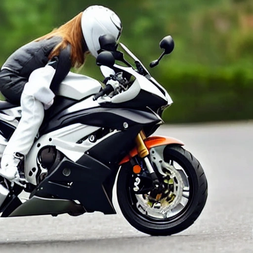 White cat riding Yamaha r6 motorbike without helmet
