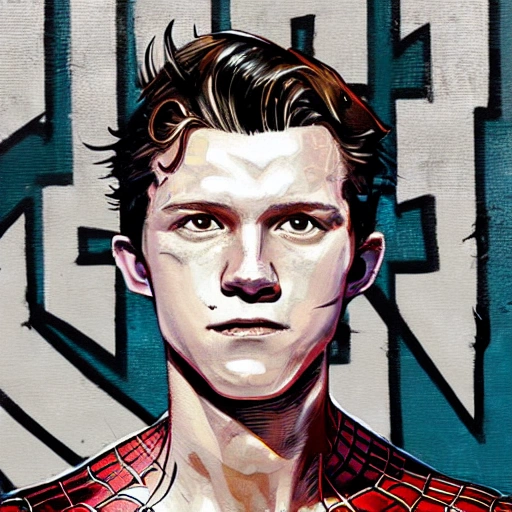 Full body highly detailed portrait of Tom holland as spiderman, by greg rutkowski, by greg tocchini, by james gilleard, by joe fenton, by kaethe butcher, gradient yellow, black, brown and magenta color scheme, grunge aesthetic!!! graffiti tag wall background, Oil Painting