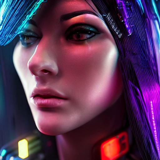 side close up portrait of a cyberpunk girl, full body, detailed face, spotlight, cyberpunk city, wired, multicolored, vibrant high contrast, hyperrealistic, photografic, 8k, epic ambient light, octane render, 3D