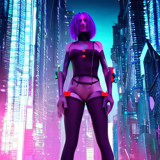 cyberpunk girl, full body, detailed face, spotlight, cyberpunk city, wired, multicolored, vibrant high contrast, hyperrealistic, photografic, 8k, epic ambient light, octane render, 3D