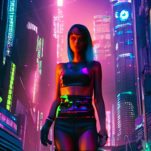 cyberpunk girl, full body, detailed face, spotlight, cyberpunk city, wired, multicolored, vibrant high contrast, hyperrealistic, photografic, 8k, epic ambient light, octane render, 3D