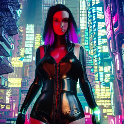 complex 3d render ultra detailed of a cyberpunk girl, full body, detailed face, spotlight, cyberpunk city, wired, multicolored, vibrant high contrast, hyperrealistic, photografic, 8k, epic ambient light, octane render, 3D