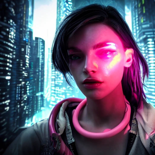 complex 3d render ultra detailed of a cyberpunk girl, detailed face, spotlight, cyberpunk city, wired, multicolored, vibrant high contrast, hyperrealistic, photografic, 8k, epic ambient light, octane render, 3D