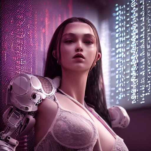 complex 3d render ultra detailed of a beautiful porcelain girl, cyborg, robotic parts, 150 mm, beautiful studio soft light, rim light, vibrant details, luxurious cyberpunk, lace, hyperrealistic, cable electric wires, microchip, elegant, beautiful background, octane render, H. R. Giger style, 8k