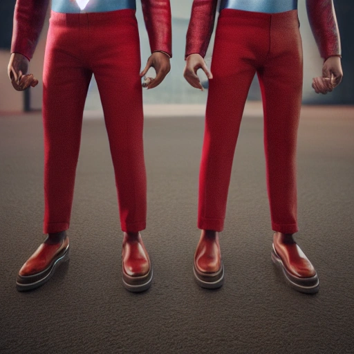 a cartoon or a superhero with 2 heads, hypermusculated, red trousers, 8k, octane, realistic