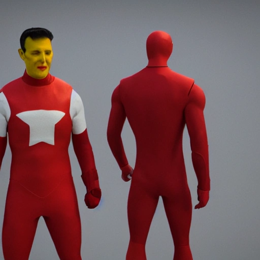 a superhero with 2 heads, hypermusculated, red trousers, 8k, octane, realistic