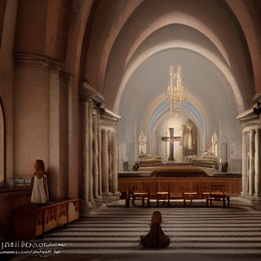 photorealistic rendering of interior of a catholic church in the 1930s, two young girls talking to each other a secret , fire in center, smoke, old ancient architecture, traditional, volumetric lighting, unreal engine render by Jean-Baptiste Monge, 4k, highly detailed.