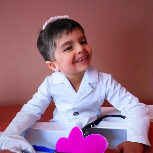 crea un doctorsaurio usando una bata blanca, tierno, sonriendo, en calidad HD, 4k, que tenga de fondo por el día de San Valentín