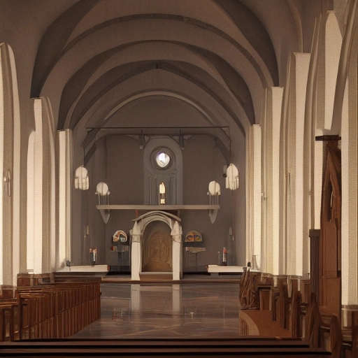 photorealistic rendering of interior of a catholic church in the 1930s, two young girls talking to each other a secret , fire in center, smoke, old ancient architecture, traditional, volumetric lighting, unreal engine render by Caravaggio style, 4k, highly detailed.