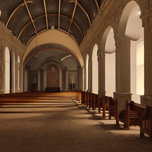 two young girls talking to each other a secret inside interior of a catholic church in the 1930s, , fire in center, smoke, photorealistic rendering, old ancient architecture, traditional, volumetric lighting, unreal engine render by Caravaggio style, 4k, highly detailed.