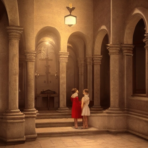 scene from 1930s,two young spanish girls wishpering to each other a secret, praying inside a catholic church, photorealistic rendering, old ancient architecture, traditional, volumetric lighting, unreal engine render, 4k, highly detailed.