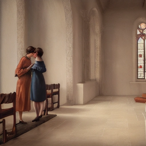 , Oil Painting, scene from 1930s,two young spanish girls wishpering to each other a secret, praying inside a catholic church, photorealistic rendering, old ancient architecture, traditional, volumetric lighting, unreal engine render, 4k, highly detailed.