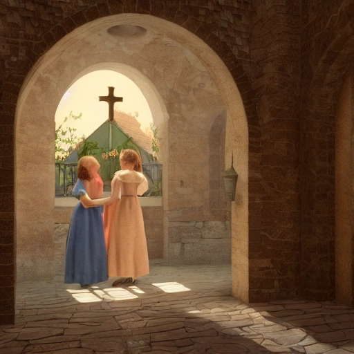 , Water Color, scene from 1950s,two young spanish girls wishpering to each other a secret, praying inside a catholic church, photorealistic rendering, old ancient architecture, traditional, volumetric lighting, unreal engine render, 4k, highly detailed.