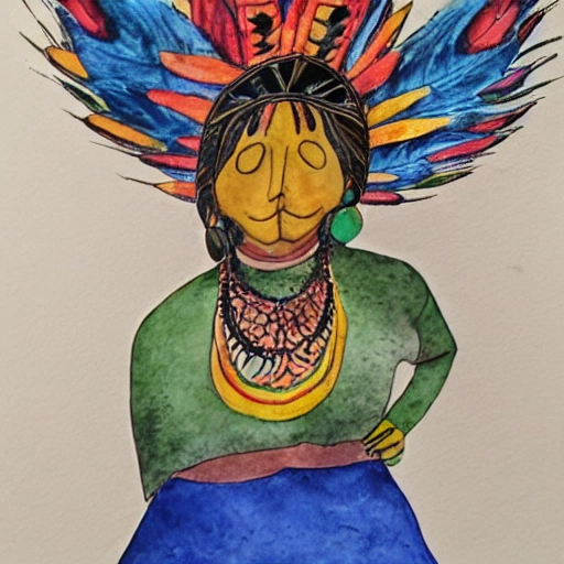 Mujer, inka, hojas, plumas, Water Color