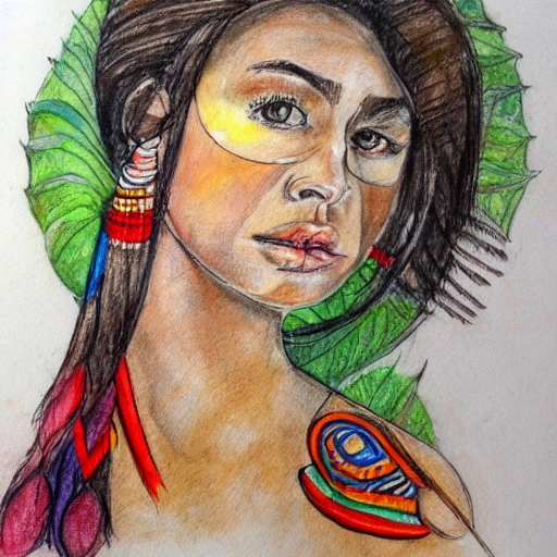 Mujer, inka, hojas, plumas, Water Color, Pencil Sketch