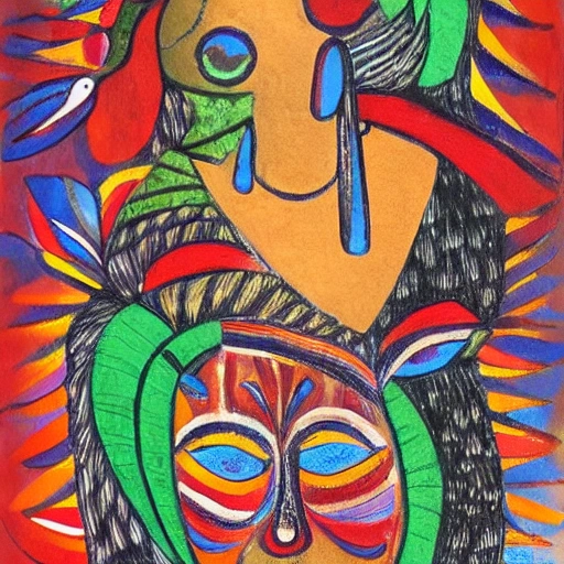 Mujer, inka, hojas, plumas, abstracto
