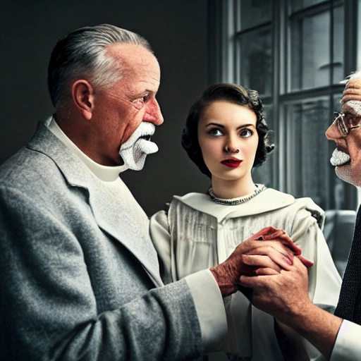 I want a girl holding hands with a priest and they are talking to a sixty-year-old man with a mustache and very well dressed in a suit, a scene in an professional office well rich decorated from the 1930s with a large window with lots of light. 
lighting background, cinematic, wizard world, photo realistic oil painting
