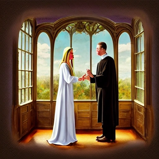 I want a girl holding hands with a priest, a scene in an professional office well rich decorated from the 1930s with a large window with lots of light. 
lighting background, cinematic, wizard world, photo realistic oil painting
