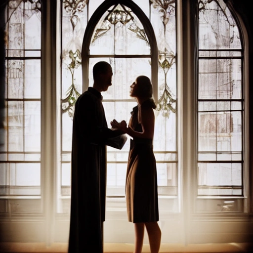 I want a girl holding hands with a priest, a scene in an professional office well rich decorated from the 1930s with a large window with lots of light. 
lighting background, cinematic, wizard world, photo realistic
