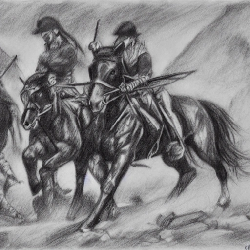 Batalla, caballos, guerreros, montaña, Pencil Sketch