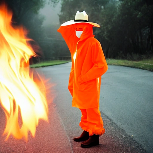 fire, anime, masked, cowboy hat, orange raincoat, glowing