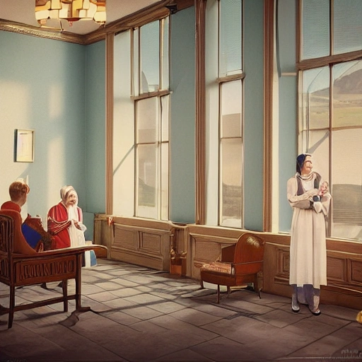 I want a girl holding hands with a priest, a scene in an professional office well rich decorated from the 1950s with a large window with lots of light, in the presence of a sixty-year-old man who watches them in surprise
photorealistic rendering, old ancient architecture, traditional, volumetric lighting, unreal engine render, 4k, highly detailed.