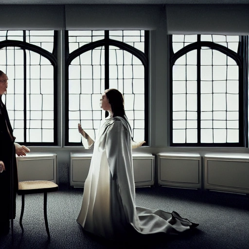 I want a girl holding hands with a priest, a scene in an professional office well rich decorated from the 1930s with a large window with lots of light. :: in fantasy style :: Photography, Hyperrealistic, Photorealistic, Studio Lighting, Cinematic, Color Correction, Ultra-wide Angle, Depth of Field, Super-detail, Beautifully Coded, Crazy Details, Complex Details, Beautiful Color Gradation, Unreal Engine, Color gradation, Photography, Depth of field, White balance, 32k, Super Resolution, Megapixel, ProPhoto RGB, VR, Good, Massive, Half Lighting, Backlight, Natural lighting, Lamps incandescent, Optical fiber, Moody lighting, Cinematic lighting, Studio lighting, Soft lighting, Volumetric, Contrast, Beautiful lighting, Accent lighting, Global lighting, 8k --q 2 --v 4