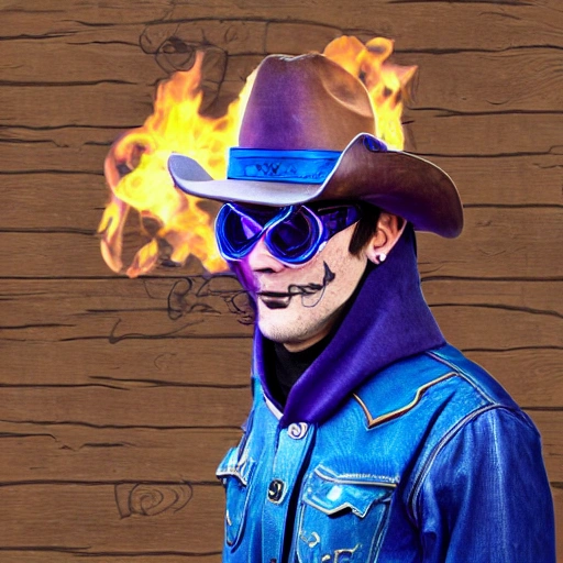 Blue fire, Purple Cloack, Hood, Cowboy Hat, Masked, steampunk glasses, fullbody, forrest, Cartoon