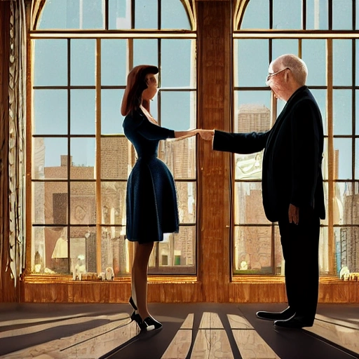 a girl holding hands with a priest and they are talking to a sixty-year-old man with a mustache, a scene in an professional office well rich decorated from the 1950s with a large window with lots of light. lighting background, cinematic, wizard world, photo realistic oil painting