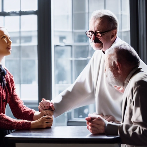 a girl holding hands with a priest and they are talking to a sixty-year-old man with a mustache, a scene in an professional office well rich decorated from the 1950s with a large window with lots of light. lighting background, cinematic, wizard world, photo realistic