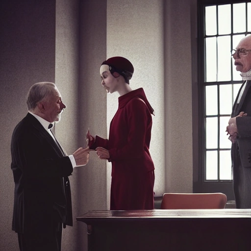 I want a girl holding hands with a priest and they are talking to a sixty-year-old man with a mustache and very well dressed in a suit, a scene in an professional office well rich decorated from the 1930s with a large window with lots of light. lighting background, cinematic, wizard world, photo realistic oil painting