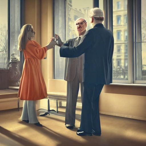 I want a girl holding hands with a priest and they are talking to a sixty-year-old man with a mustache and very well dressed in a suit, a scene in an professional office well rich decorated from the 1930s with a large window with lots of light. lighting background, cinematic, wizard world, photo realistic oil painting, [a faraway perspective]::1 