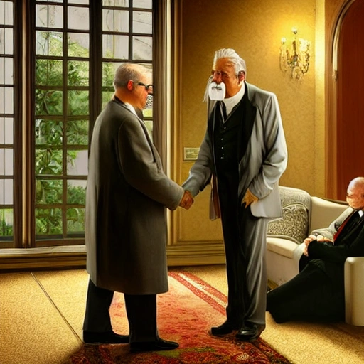 I want a girl holding hands with a priest and they are talking to a sad sixty-year-old man with a mustache and very well dressed in a suit, a scene in an professional office well rich decorated from the 1930s with a large window with lots of light. lighting background, cinematic, wizard world, photo realistic oil painting, [a faraway perspective]::1 