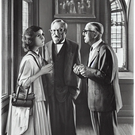 I want a girl holding hands with a priest and they are talking to a sad sixty-year-old man with a small mustache and very well dressed in a suit, a scene in an professional office well rich decorated from the 1930s with a large window with lots of light. lighting background, cinematic, wizard world, photo realistic oil painting, [a faraway perspective]::1 