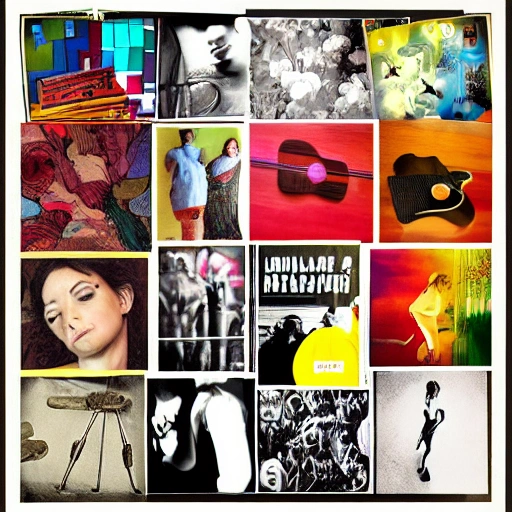 cine,ukelele,tocadiscos,libros,collage,poesia,teatro,camara, mujer, colores vivos, collage art