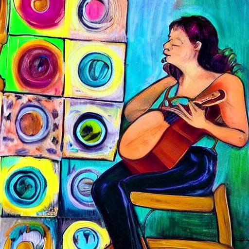 cine,ukelele,tocadiscos,libros,,poesia,teatro,camara, mujer, colores vivos,  art, 
