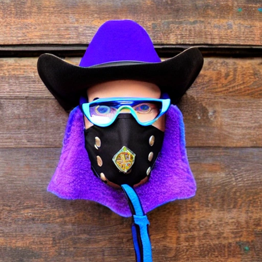 Blue fire, Purple Cloack, Hood, Cowboy Hat, Face Mask, steampunk glasses, fullbody, magic forrest, Cartoon
