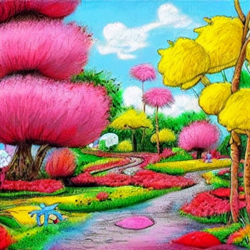 paisaje fantastico algodon rosa flores colores caramelos piruletas , Cartoon