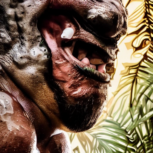 side close up portrait of 1 man, man jaguar, Mayan Culture, man 23 year, Strong man, bodybuilder, dagger in hand, detailed face, spotlight, forest, wired, multicolored, vibrant high contrast, hyperrealistic, photografic, 8k, epic ambient light, octane render