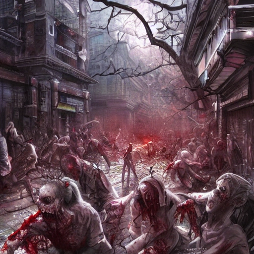 Award-winning, 4K digital painting in the style of Yoshitaka Amano. Detailed and intricate depiction of a zombie apocalypse, masterfully capturing the chaos and drama of the scene. Beautiful lighting and cinematic composition make this piece a true masterpiece, trending on artstation