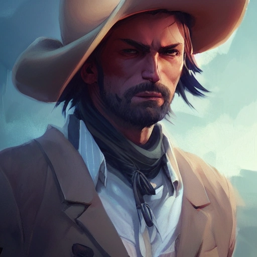 arcane style, cowboy, detailed waist up portrait, cell shaded, 4 k, concept art, by wlop, ilya kuvshinov, artgerm, krenz cushart, greg rutkowski, pixiv. cinematic dramatic atmosphere, sharp focus, volumetric lighting, cinematic lighting, studio quality