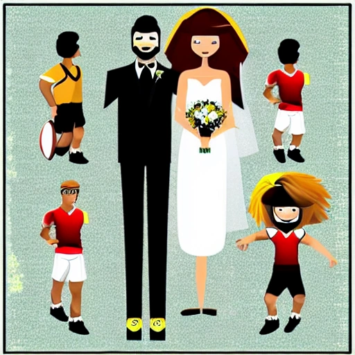 Generate a 2D digital image with a more cartoonish style of a bride and a rugby player wearing black sports shorts, sneakers, a white shirt, and a tuxedo playing rugby. The bride should be athletically tackling the groom while holding a rugby ball in one hand. The bride should be wearing her beautiful white wedding dress, with the veil waving behind her and a bouquet of flowers in the other hand. The groom should be running and holding a rugby ball in one hand, with a smile on his face as he is being tackled. The background should be a rugby field with a lively crowd in the background. Make the image fun and lively with bright and vibrant colors and add some cartoon effects to make it more cartoonish. Be sure to make the image have a playful and exaggerated touch to make it unique and memorable