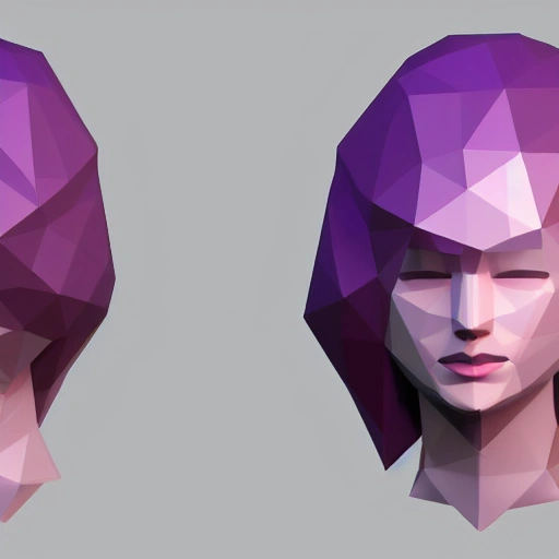 Girl as a low poly. simetric face, looking on the right, long hair, background purple color, Blender 3d, Z-brush, Unity, 3D Max, Unreal, 4k